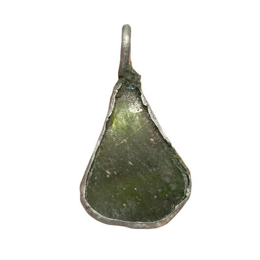 Ancient Roman Glass Pendant – Olive Green Teardrop with Purple Sheen