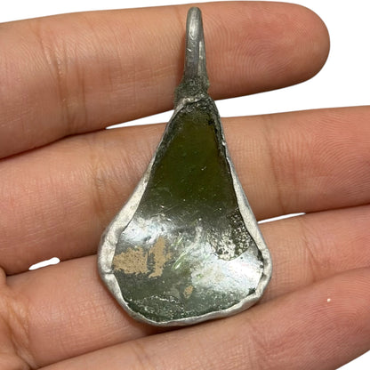 Ancient Roman Glass Pendant – Olive Green Teardrop with Purple Sheen