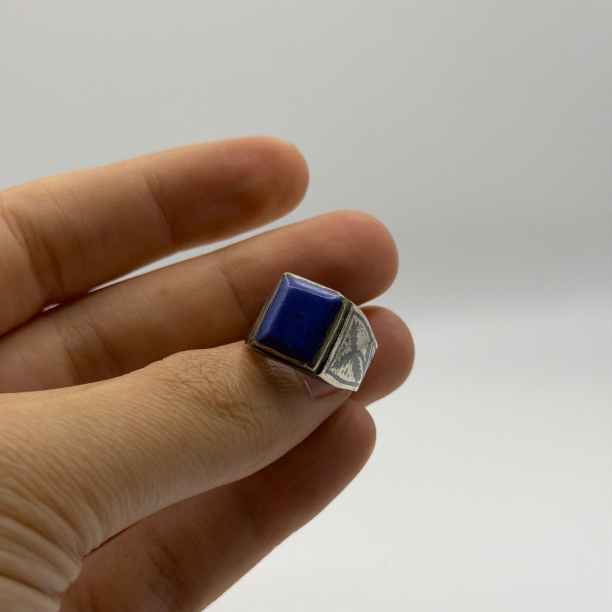 Vintage Two-Tone Ring with Hand-Etched Butterfly & Blue Lapis Stone