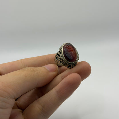 Vintage Silver Ring Black Onyx Oval Stone Ribbed Band