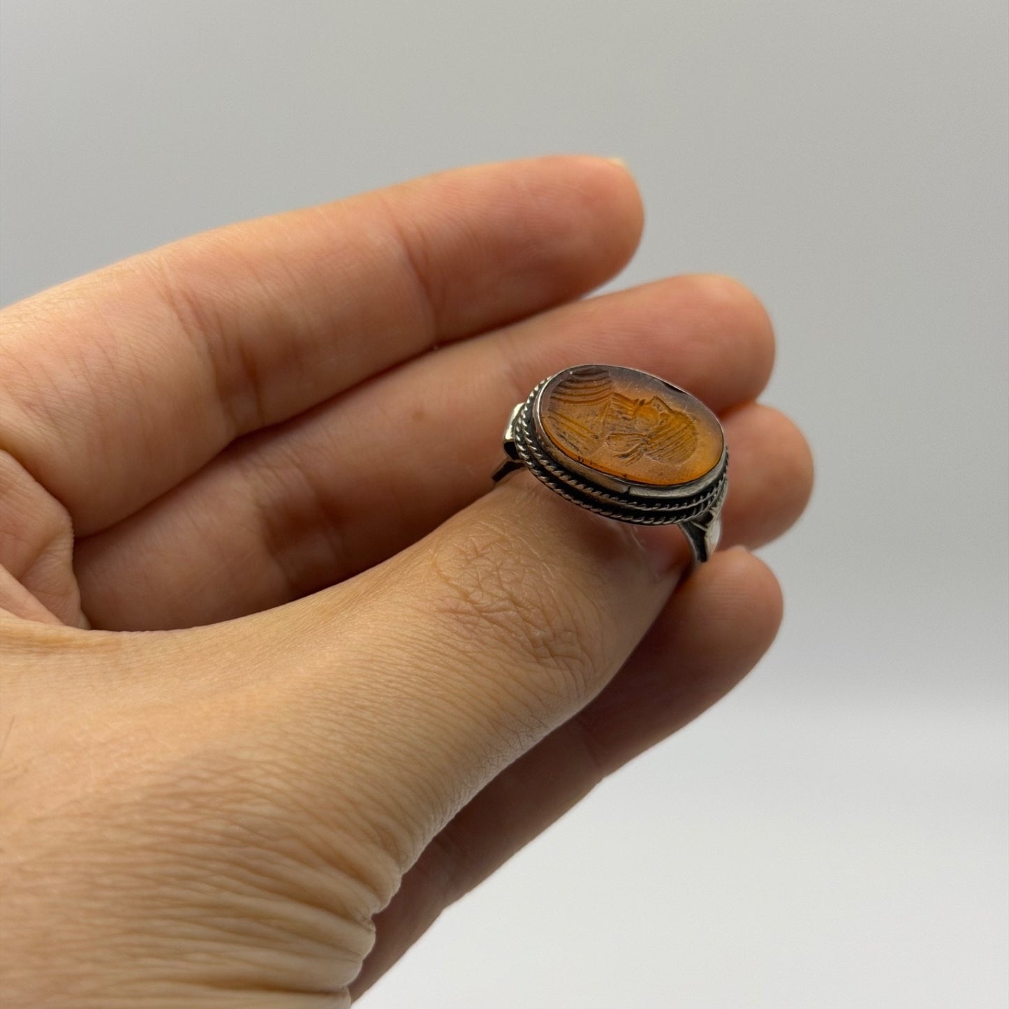 Vintage Silver Carved Intaglio Seal Stone Ring Rope Border Detail