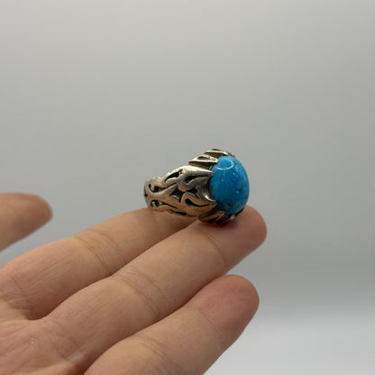 Sterling Silver Tribal Flame Design Ring with Turquoise Cabochon Stone