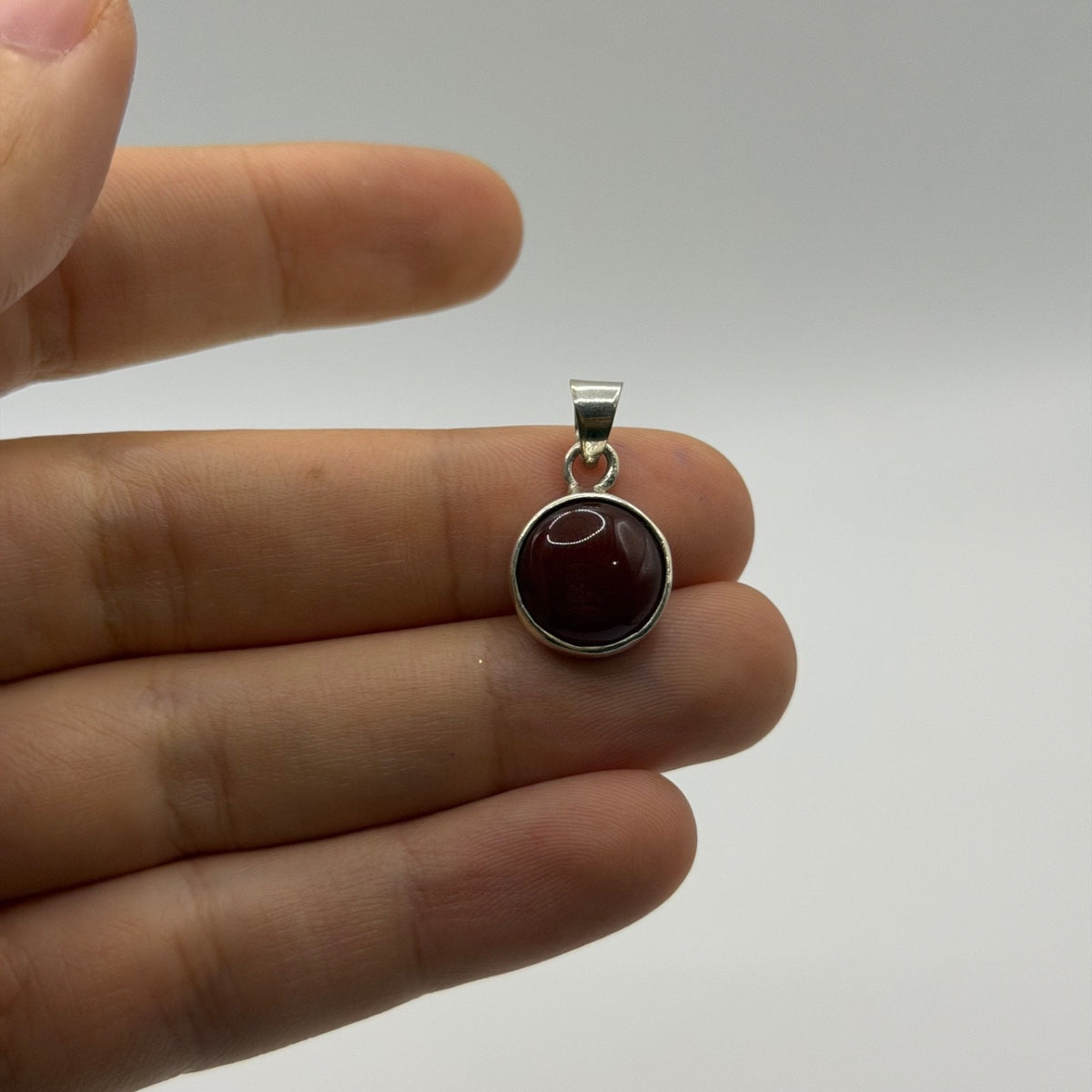 925 Sterling Silver Dark Red Carnelian Garnet Round Bezel Pendant