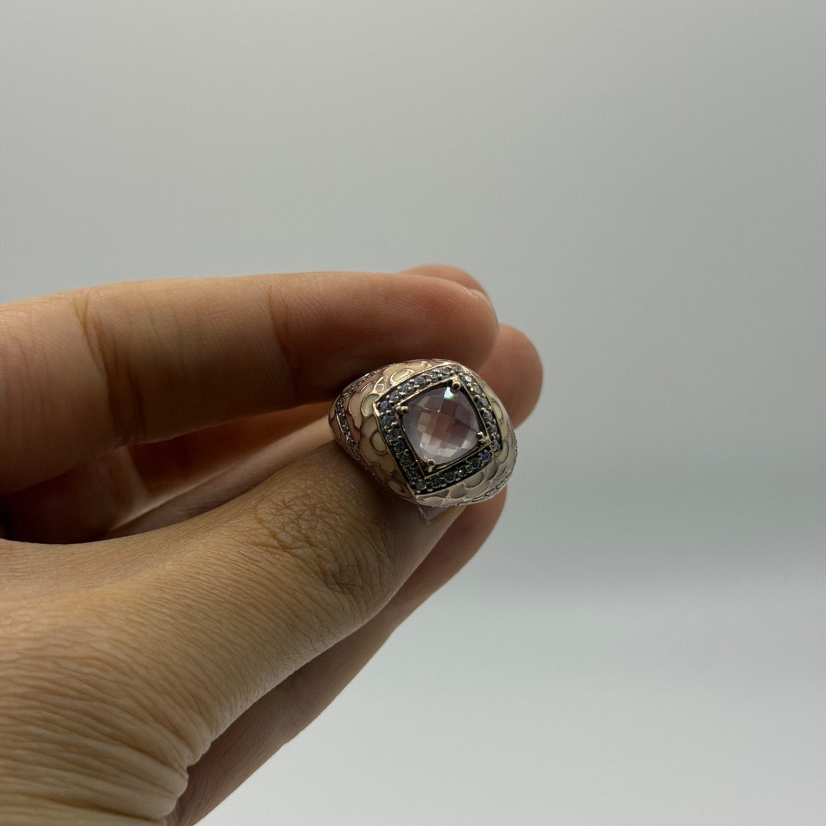 Antique Style Gold-Tone Enamel Ring w/ Rose Quartz & Pave Crystal Accents