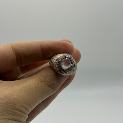 Antique Style Gold-Tone Enamel Ring w/ Rose Quartz & Pave Crystal Accents