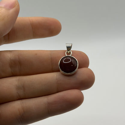 925 Sterling Silver Dark Red Carnelian Garnet Round Bezel Pendant