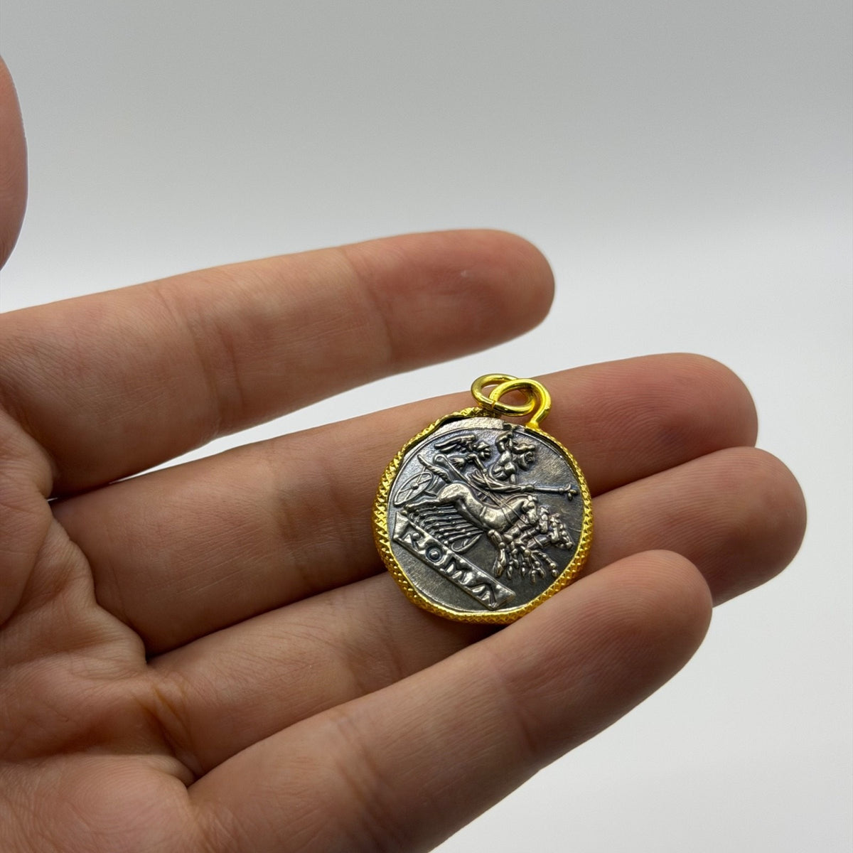Ancient Roman Greek Style Silver & Gold Plated Coin Pendant