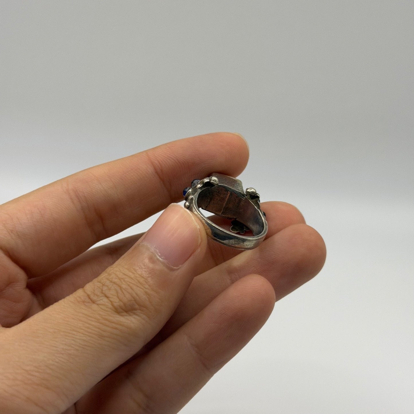 Vintage Silver Red Carnelian & Blue Glass Granulated Bead Accent Ring