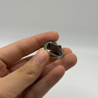 Vintage Silver Red Carnelian & Blue Glass Granulated Bead Accent Ring