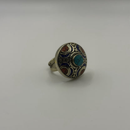 Unique Handmade Tribal Nepalese Multi Stone Silver Tone Ring