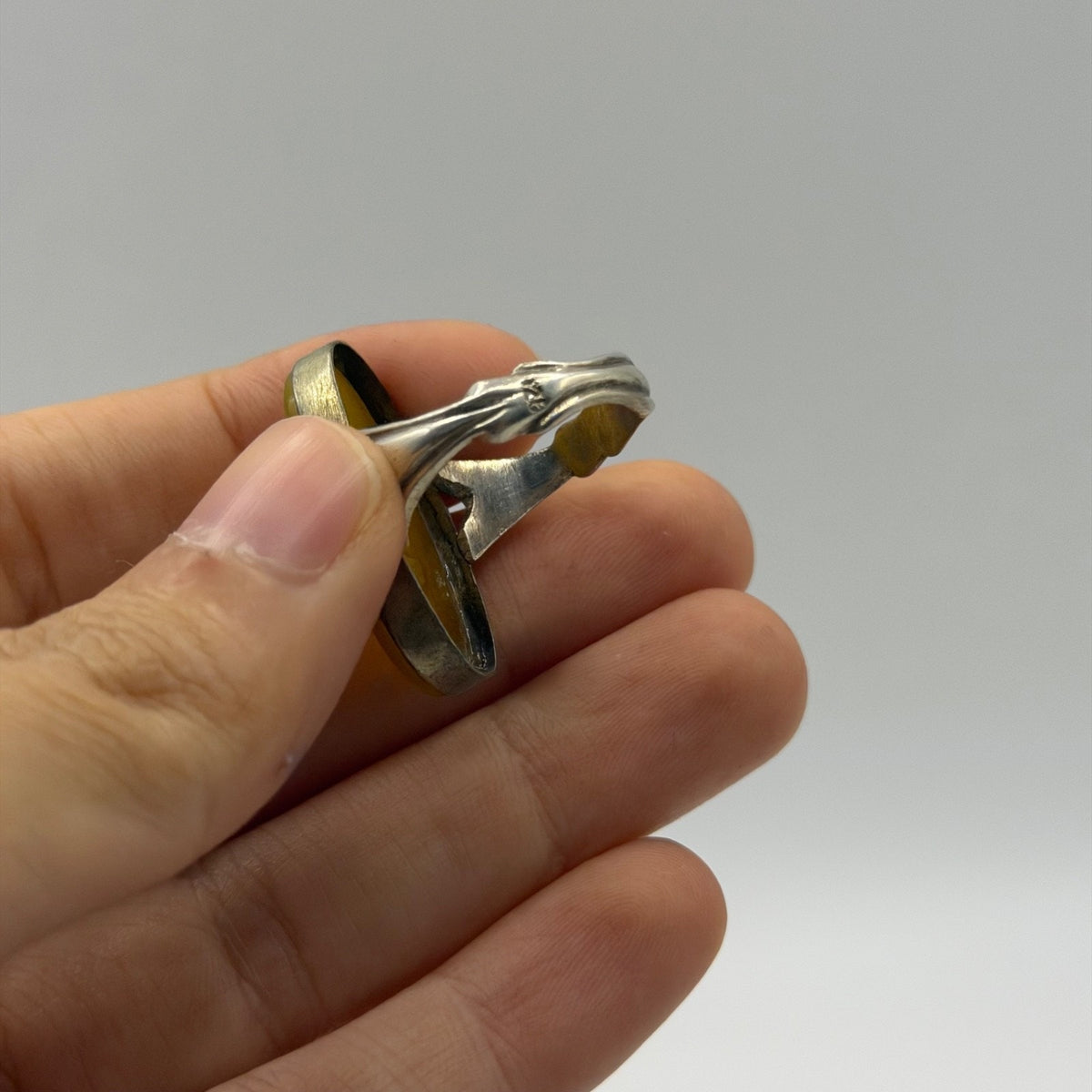 Vintage Silver Solitaire Ring with Large Oval Yellow Chalcedony Cabochon