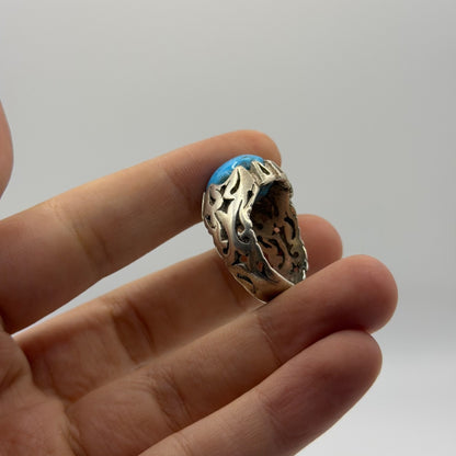 Sterling Silver Tribal Flame Design Ring with Turquoise Cabochon Stone