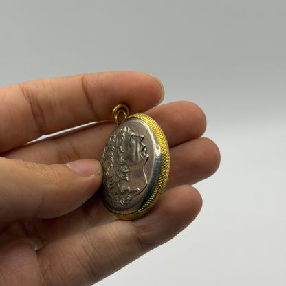 Ancient Roman Greek Inspired Silver Plated Gold Gilded Coin Pendant