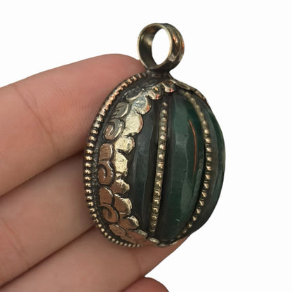 Vintage Nepalese Jade Stone Pumpkin Style Silver Tone Pendant
