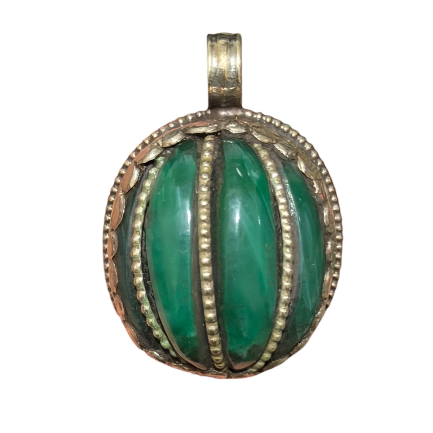 Vintage Green Stone Pendant Silver Tone Handmade Ethnic Jewelry