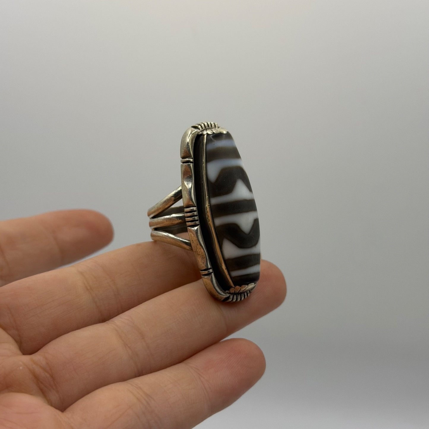 Vintage Tibetan Dzi Bead Sterling Silver Ring