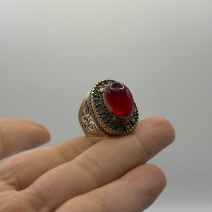 Vintage Silver Ring Red Glass Stone Cutout Design Ornate