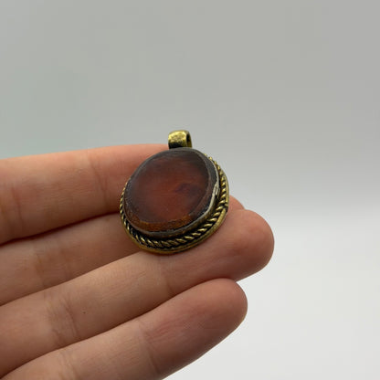 Vintage Brass Framed Oval Carnelian Agate Gemstone Pendant Charm