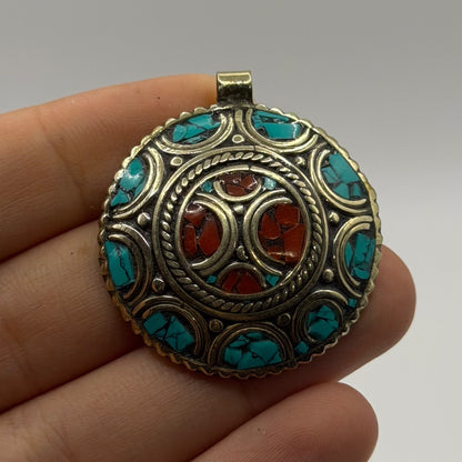 Handmade Tibetan Nepalese Stone Inlaid Brass Pendant