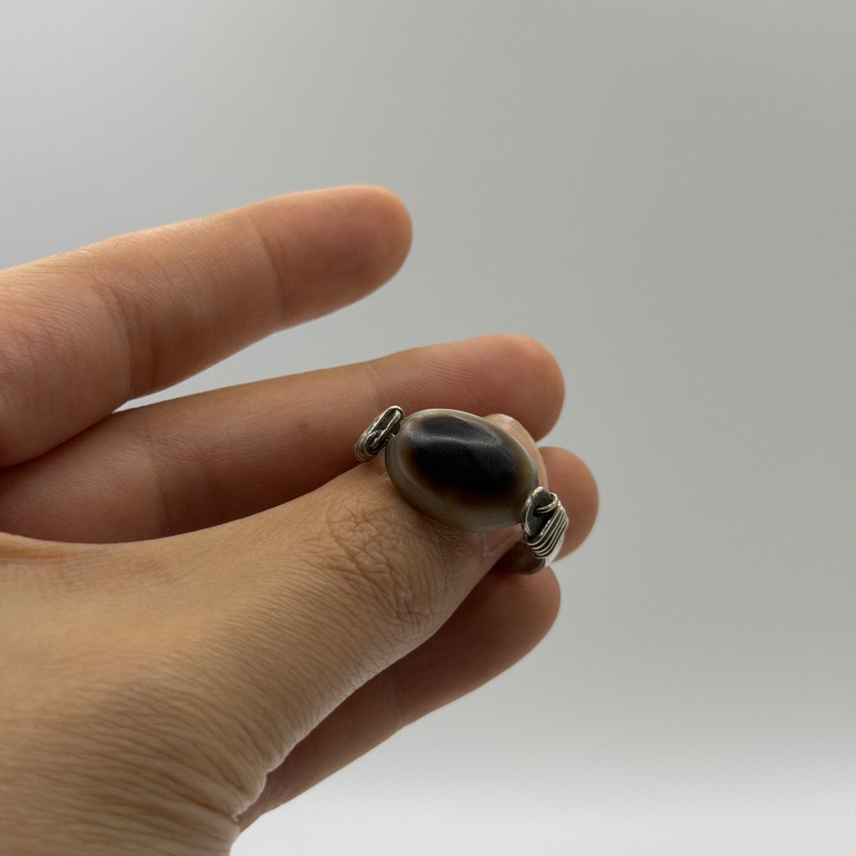 Eyed Dzi Agate Banded Bead Silver Wire Wrapped Ring