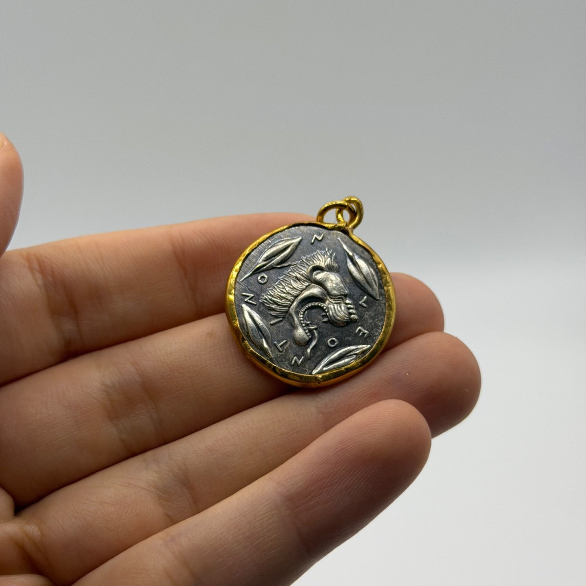 Ancient Roman Greek Style Silver & Gold Tone Coin Pendant