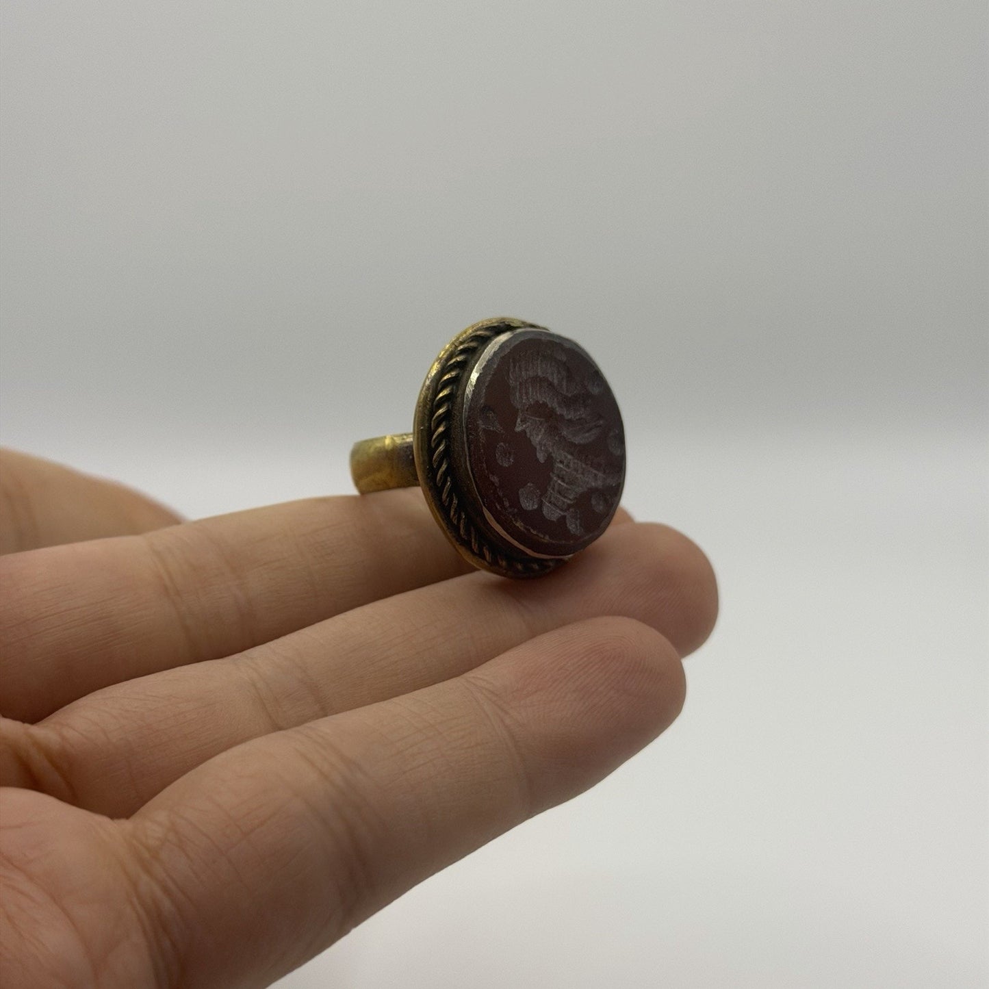 Ancient Roman Style Emperor Sitting Intaglio Brass Ring