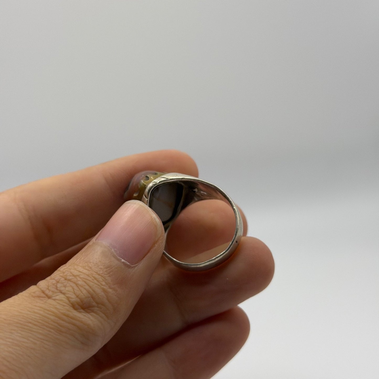 Silver Statement Ring with Large Banded Sardonyx Agate Cabochon