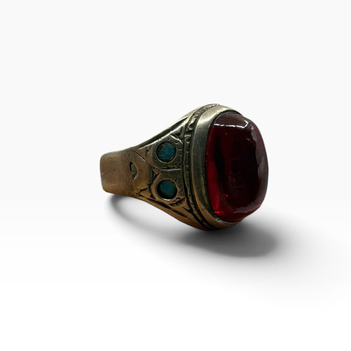 Vintage Silver Red Glass Ring Turquoise Accent Inlay Tribal Style