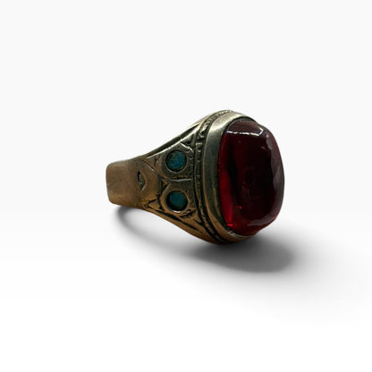 Vintage Silver Red Glass Ring Turquoise Accent Inlay Tribal Style