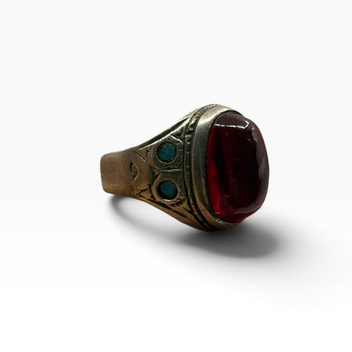 Vintage Silver Red Glass Ring Turquoise Accent Inlay Tribal Style
