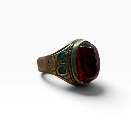 Vintage Silver Red Glass Ring Turquoise Accent Inlay Tribal Style