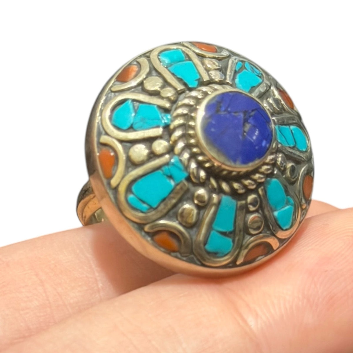 Cute Nepalese Lapiz Turquoise Silver Tone Ring