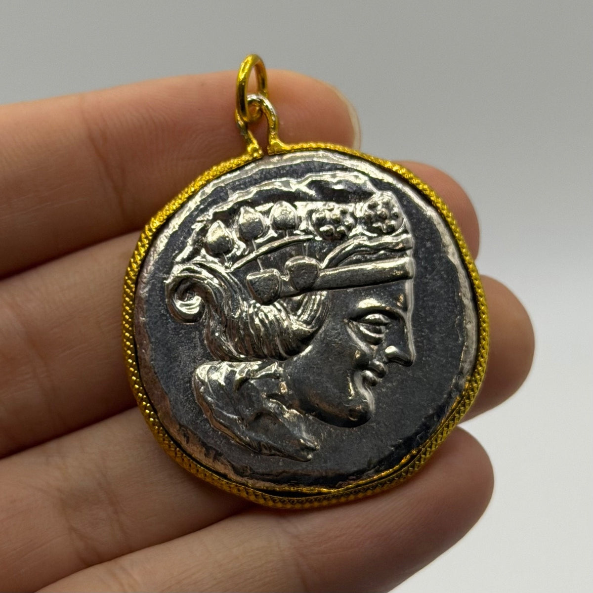 Ancient Greek Roman Inspired Silver Plated Gold Gilded Coin Pendant