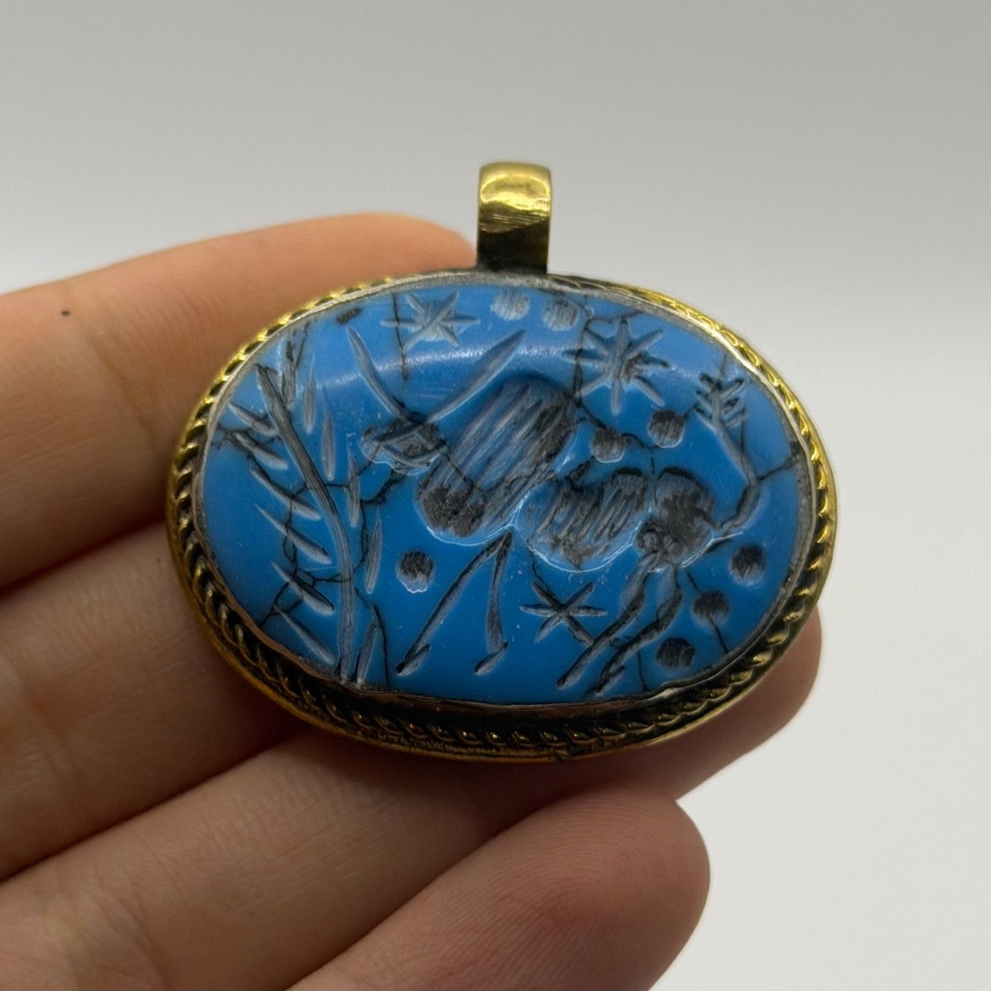 Ancient Near Eastern Style Hand Carved Intaglio Brass Pendant