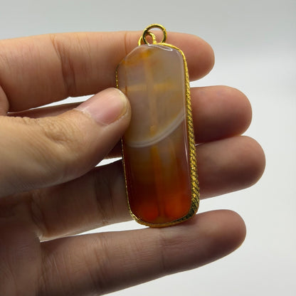 Vintage Gold Tone Natural Banded Carnelian Agate Rectangular Slab Pendant