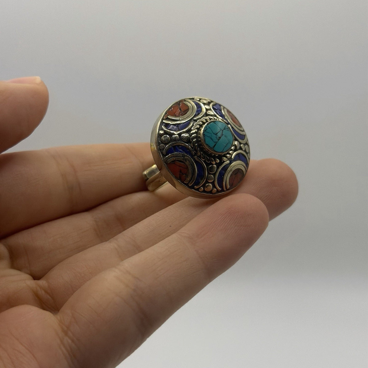 Unique Handmade Tribal Nepalese Multi Stone Silver Tone Ring