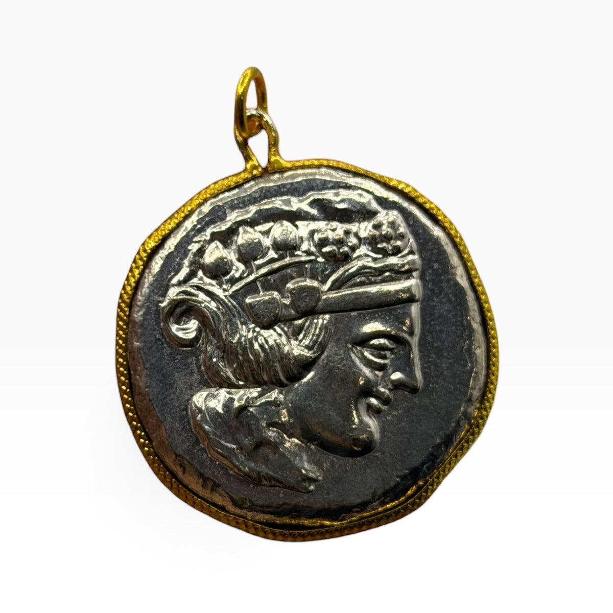 Ancient Greek Roman Inspired Silver Plated Gold Gilded Coin Pendant