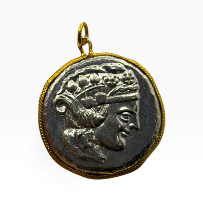 Ancient Greek Roman Inspired Silver Plated Gold Gilded Coin Pendant