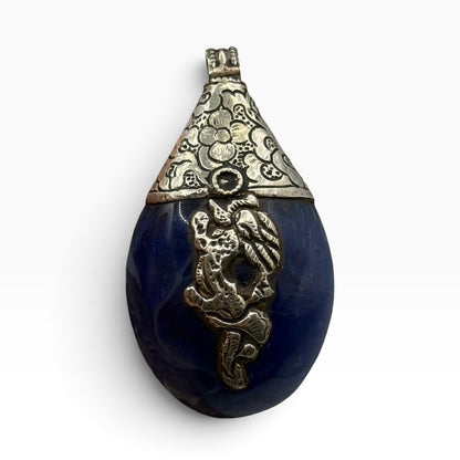 Natural Afghan Lapis Lazuli Teardrop Pendant Faceted Blue Gemstone Gold Tone