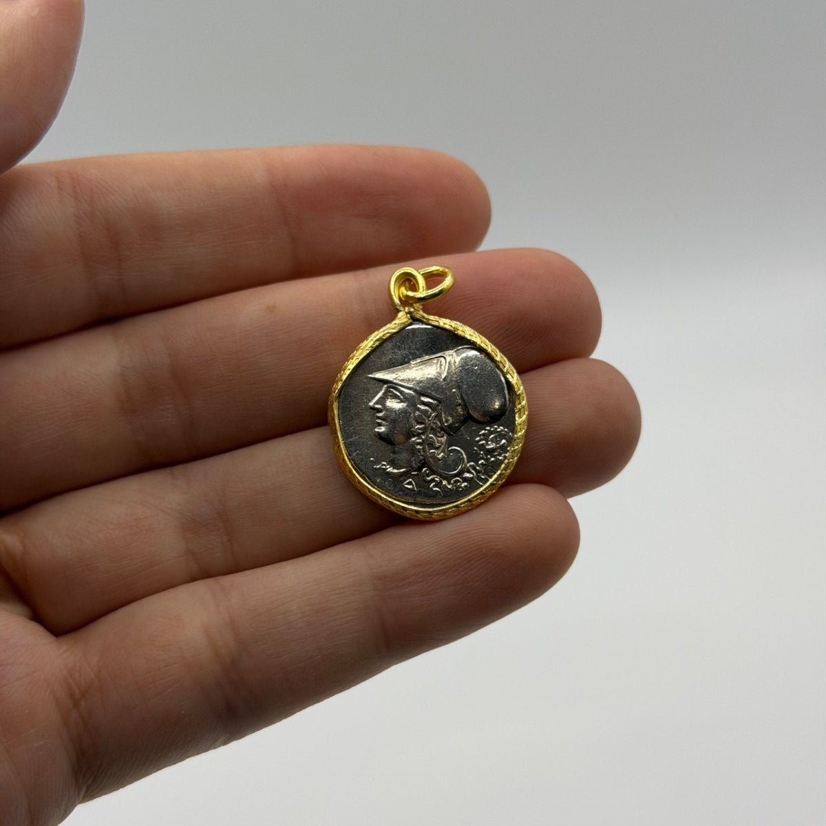 Ancient Roman Greek Style Silver & Gold Plated Coin Pendant