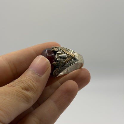 Vintage Silver Filigree Statement Ring with Red Carnelian Cabochon