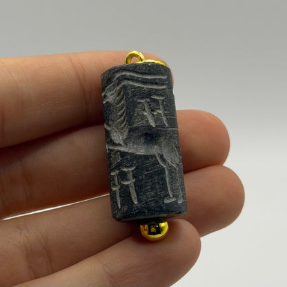 Vintage Solid Silver Carved Cylinder Seal Pendant Ancient Style Bead Charm
