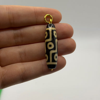 Vintage Tibetan Dzi Eye Agate Bead Tube Pendant Gold Tone Charm