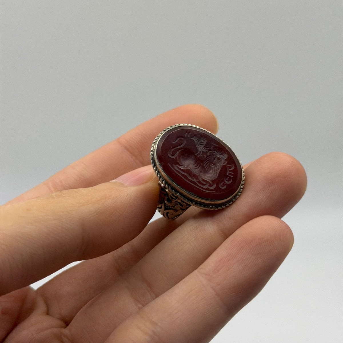 Vintage Silver Intaglio Carved Roman Style Carnelian Gemstone Signet Ring