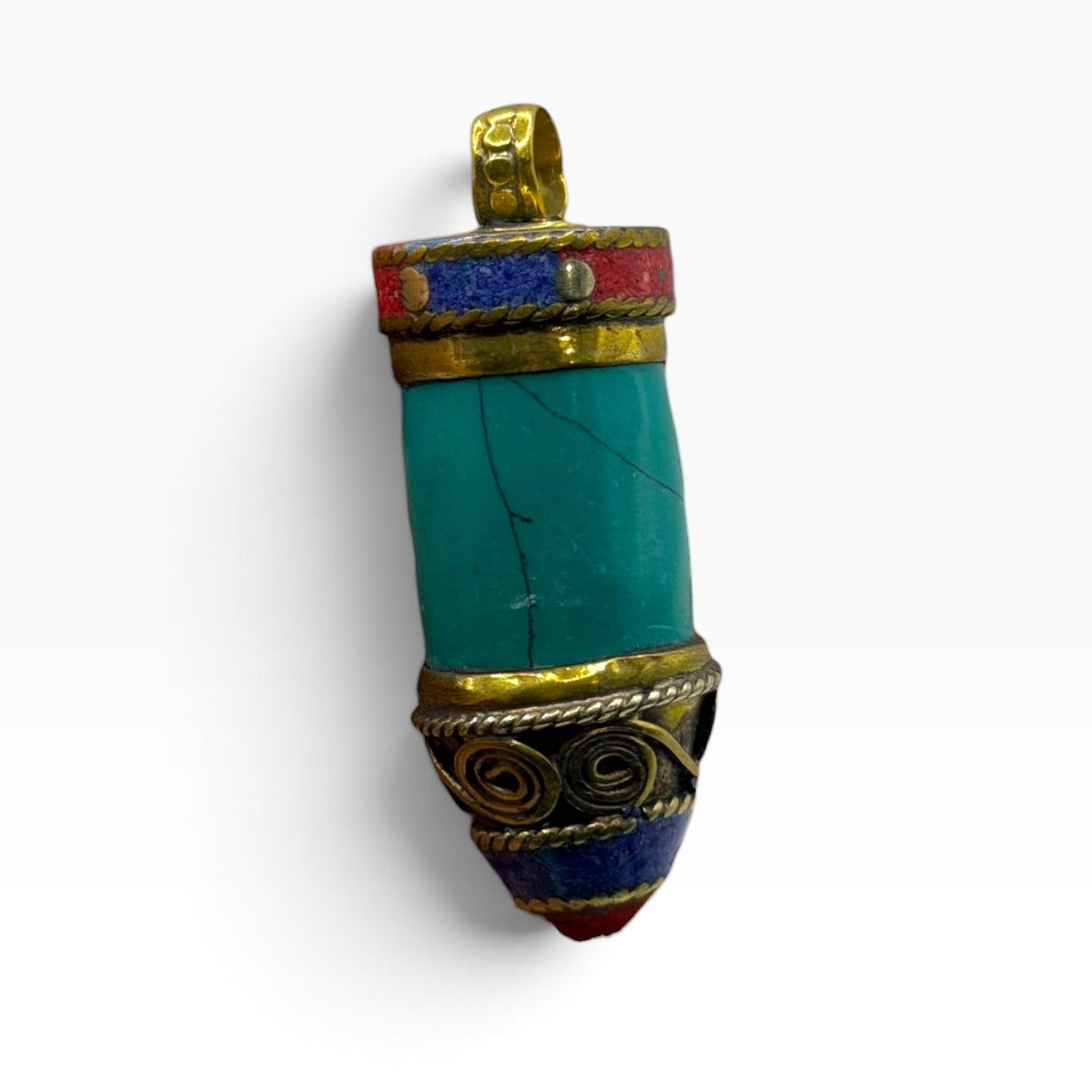 Tibetan Style Turquoise and Coral Brass Cylinder Pendant