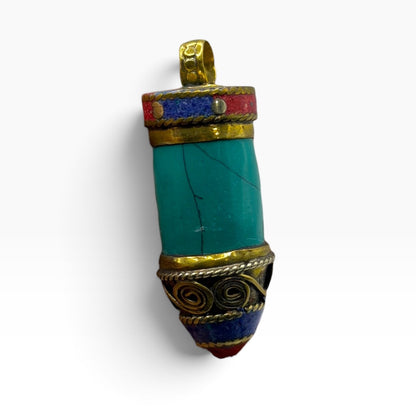 Tibetan Style Turquoise and Coral Brass Cylinder Pendant
