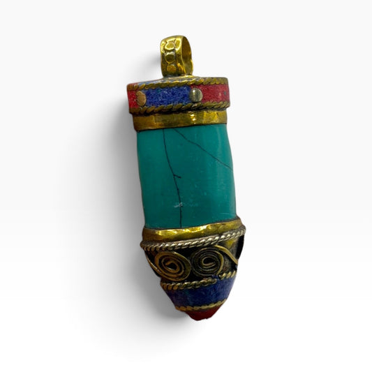 Tibetan Style Turquoise and Coral Brass Cylinder Pendant