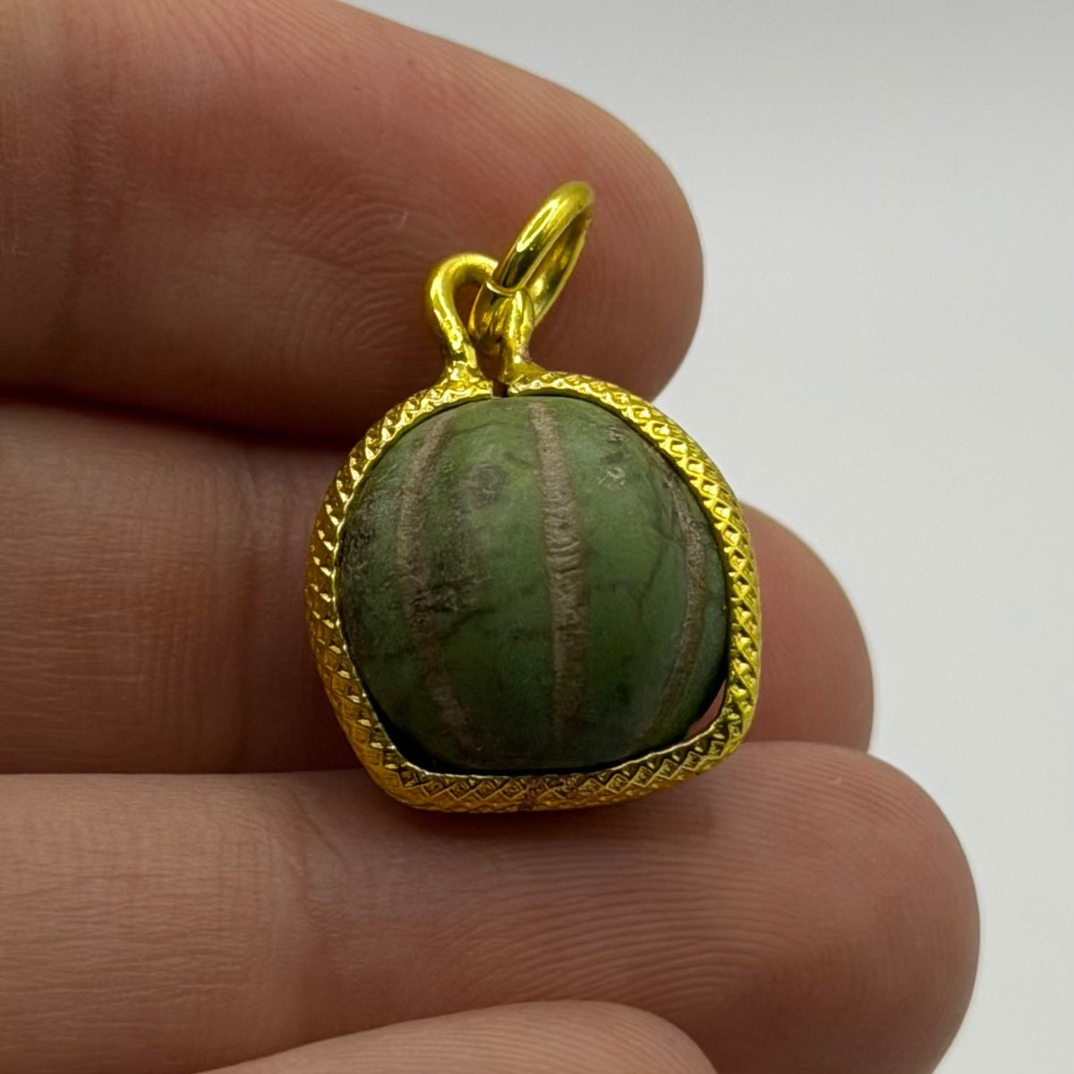 Vintage Carved Green Stone Watermelon Bead Pendant Gold Plated Frame Charm