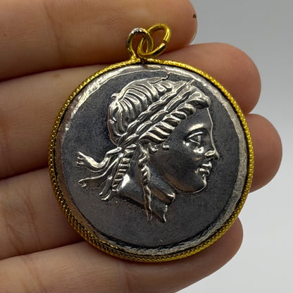 Ancient Greek Inspired Aeolis Myrina Coin Gold Plated Frame Pendant