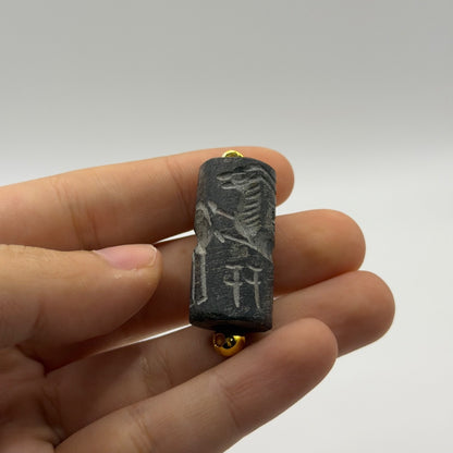 Vintage Solid Silver Carved Cylinder Seal Pendant Ancient Style Bead Charm